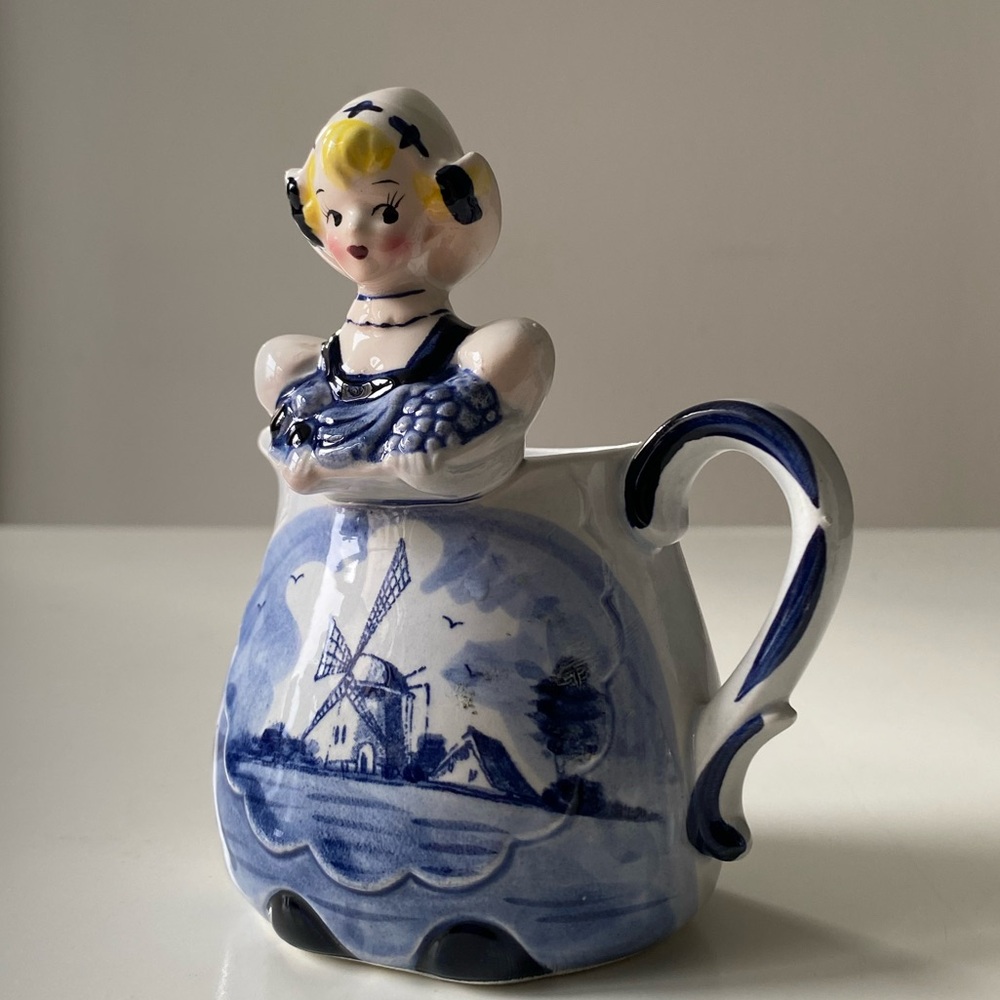 Vintage Blue & White Dutch Girl Creamer Milk Jug Retro 5" tall